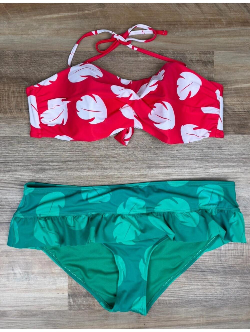 Hot Topic Disney Lilo & Stitch Leaf Print Swim Bikini Set Cosplay Red Green